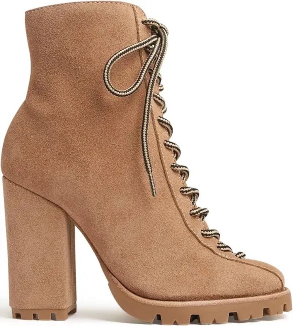 Schutz Naina Suede Boots Tan Sherpa Lined Lace Up Heeled Booties Lug Sole Size 8